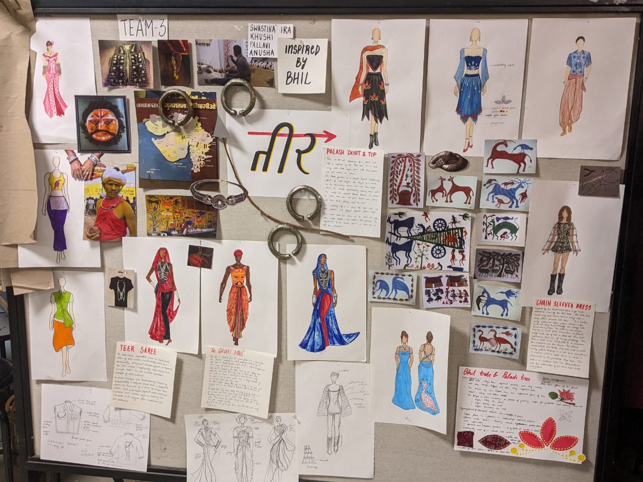 Bhil inspired sketch board with garment studies, illustrated motifs and team research notes